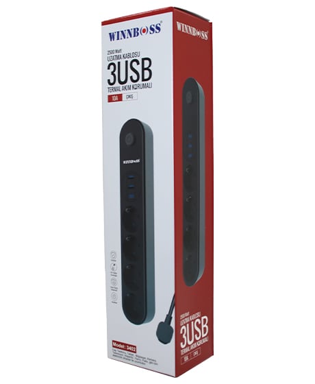 Winnboss-3402 Termal Akım Korumalı ( 4lü Priz ) ( 3x Usb ) ( 2mt ) ( Anahtarlı ) Uzatma Kablo Siyah ( 10a & 2500w )