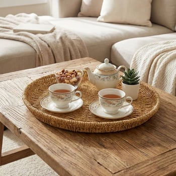 BUFFER® 40 cm Plastik Rattan Tepsi – Hasır Görünümlü Dekoratif Servis Tepsisi, Mutfak, Kahvaltı, Sun