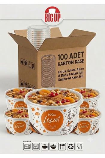 Bicup 100 Adet Kapaklı Karton Kase Çorba Salata Aşure Yemek Kasesi Piknik Tabağı 14 Oz Karton Kase Isıya Dayanıklı Parti Organizasyon Kasesi