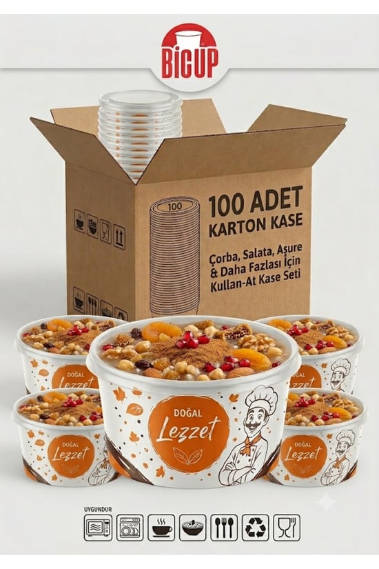 Bicup 100 Adet Kapaklı Karton Kase Çorba Salata Aşure Yemek Kasesi Piknik Tabağı 14 Oz Karton Kase Isıya Dayanıklı Parti Organizasyon Kasesi