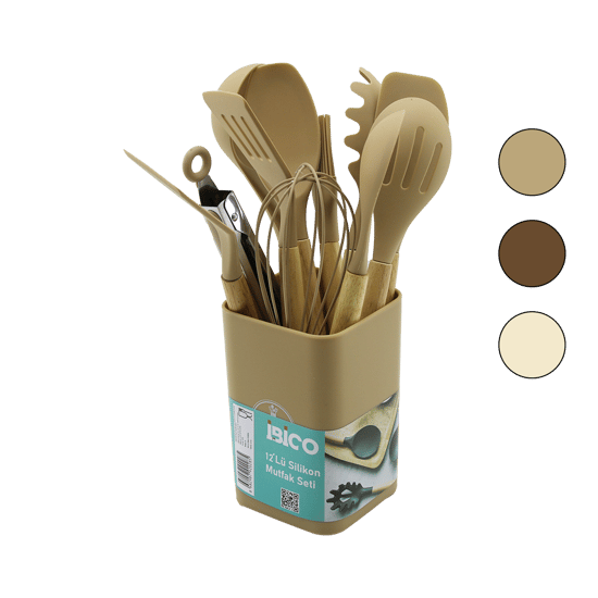 İ22-028 (11pcs+kova) Silikon Mutfak Seti (bambu Sap) (3-kaşık& 3-spatula& 1-kevgir& 1-kepçe& 1-maşa& 1-çrpc& 1-frç)