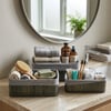 İ22-327 ( Gri ) ( 3 Boy ) ( D.dörtgen ) ( Bambu Kenar ) Organizer Sepet ( Ahşap Altlık & Bezli ) ( 25x14-28x18-20x30cm )