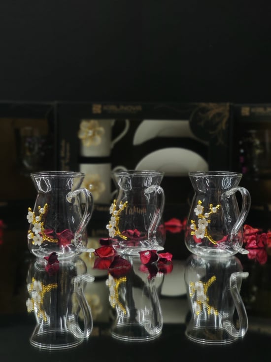 Dal Çiçek Borosilikat Çay Bardağı 3lü Cam Set El Yapımı