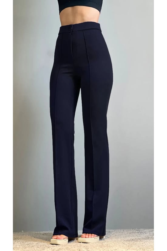 Thiff Krep Kumaş Likralı Önü Çimalı Lacivert Kadın Palazzo Pantolon