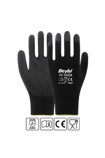 Beybi Pu Touch Siyah Poliüretan Kaplı Polyester Örme Nitril İş Eldiveni 10 Beden