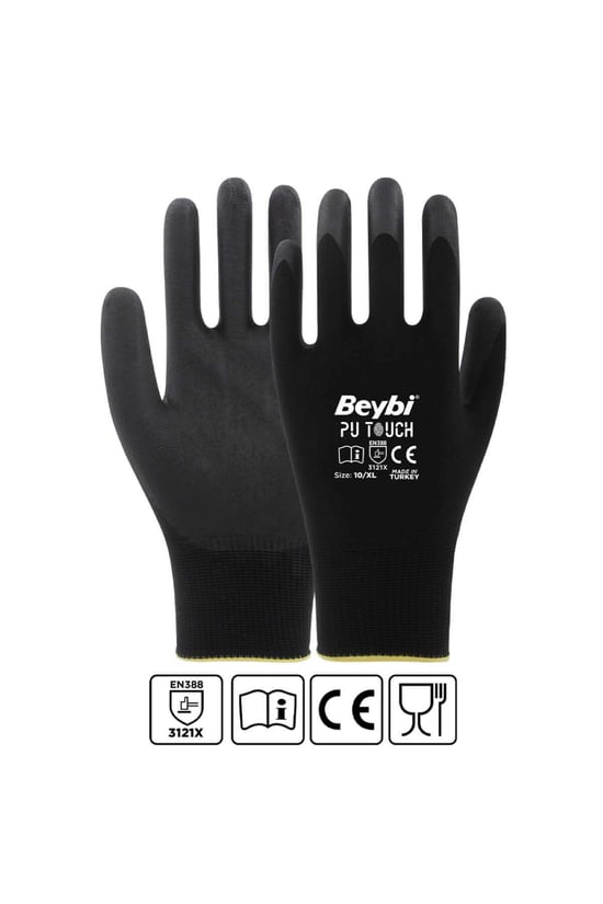 Beybi Pu Touch Siyah Poliüretan Kaplı Polyester Örme Nitril İş Eldiveni 10 Beden