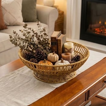 BUFFER® 31 cm Plastik Rattan Servis Çanağı – Doğal Hasır Görünümlü Dekoratif Meyve, Ekmek ve Sunum K