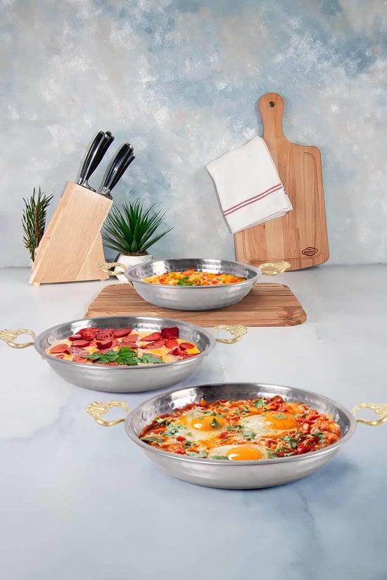 Einsteel Bakır Görünümlü Çelik Sahan Seti Omlet Yumurta Tavası 3 Lü 19/21/23 Cm