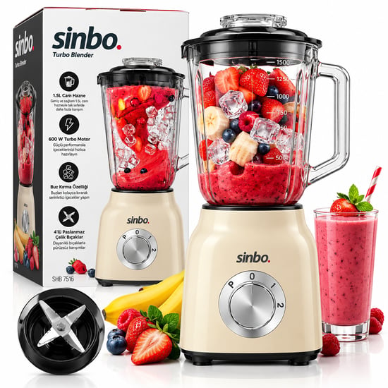 Sinbo Shb-7516 ( Krem ) Turbo El Blender Seti ( Doğrayıcı & Mikser & Blender ) ( 600w ) ( 2 Kademe Hız ) ( 1.5lt Cam Hazne )