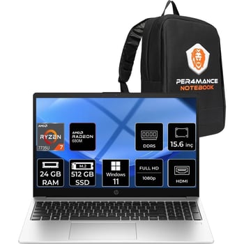 Hp 255r G10 Ryzen 7 7735u 24gb Ram 512gb Ssd 15.6" Fhd Win11 Pro D30m1etpn402 Notebook + Per4 Çanta