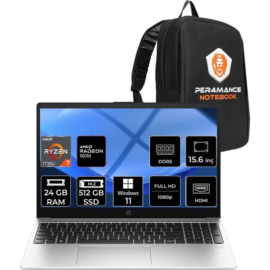 Hp 255r G10 Ryzen 7 7735u 24gb Ram 512gb Ssd 15.6" Fhd Win11 Pro D30m1etpn402 Notebook + Per4 Çanta