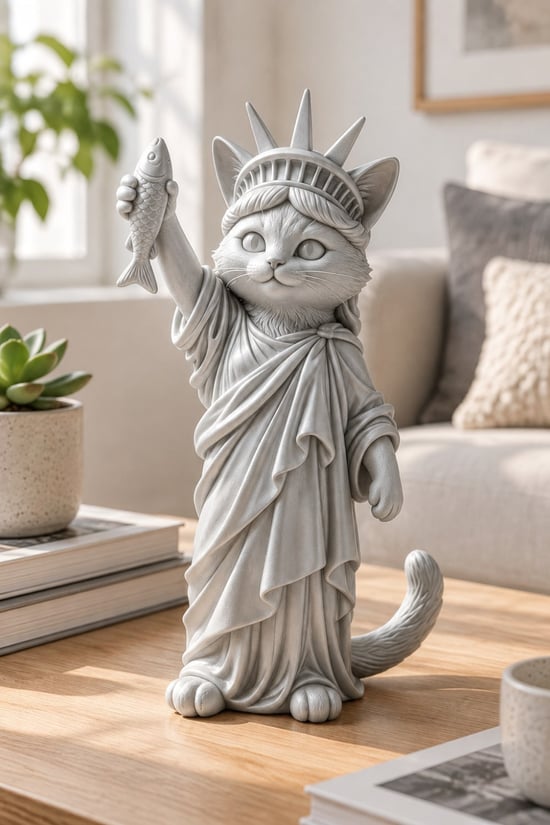Özgürlüğün Kedisi Figürlü Dekoratif Biblo - Büyük Boy - 22cm Gümüş
