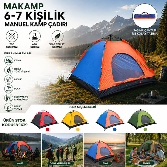 Makamp-083b (6-7 Kişilik) (toz Geçirmez) (220cmx250cmx150cm) Manuel Kamp Çadır