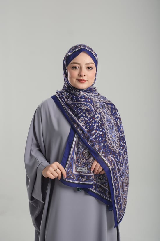 Hürrem Bone Saks Mavisi Desenli Şal Kesik Elyaf Pamuksu Etnik Dijital Baskılı 202123_24