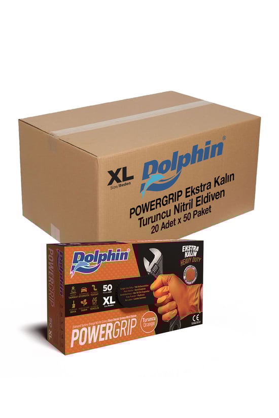 Dolphin Powergrip Ekstra Kalın Turuncu Nitril Eldiven Xl Beden 50 Adet