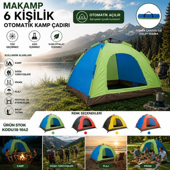 Makamp-084a (6 Kişilik) (toz Geçirmez) (220cmx250cmx165cm) Otomatik Kamp Çadır