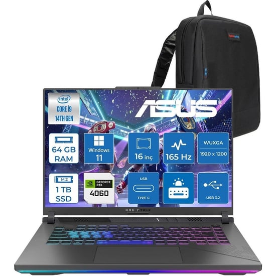 Asus Rog Strix G16 G614jvr 14. Nesil Intel I9-14900hx 64gb Ddr5 1tb Ssd Rtx4060/8gb 140w 16 Inç (192