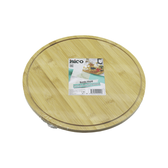 İ22-225 ( Yuvarlak=29.7cm ) ( 360° Döner Tablalı ) Ahşap Bambu Sunum Tepsisi Tahtası & Mini Sofra ( Kanallı Kenar )