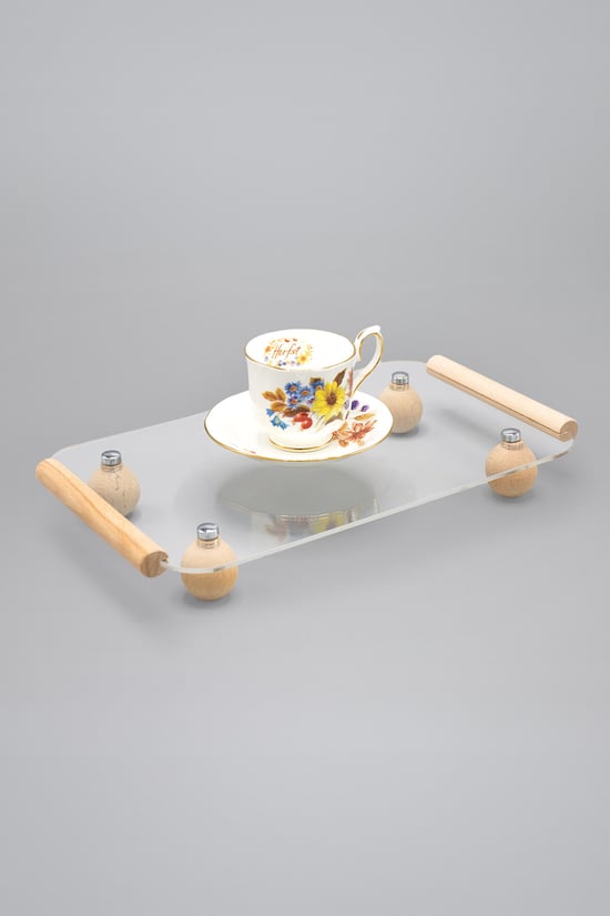 Pikas Ahşap Top Ayaklı Pleksi Şeffaf Dekoratif Tepsi, Düzenleyici,Sunumluk