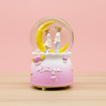 Buffer® Pilli İşıklı Müzikli Kar Küresi–hilal Ay Figürlü Romantik Masaüstü Biblo, Led Aydınlatmalı D