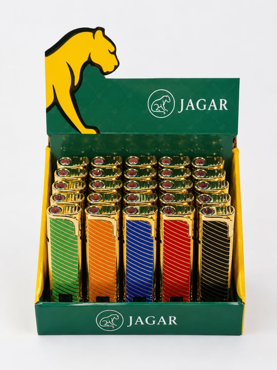 Jagar Jcm 014 Premium Turbo Çakmak – Gold Metalik Renkli Desenli Standlı Çakmak