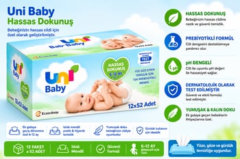 Uni Baby Hassas Dokunuş Alkolsüz-parfümsüz 12 X 52 Yaprak 12 Paket Islak Mendil