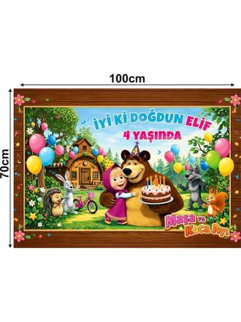 Renkli Maşa ve Ayı Doğum Günü Afişi – Kişiye Özel İsimli 4 Yaş Branda, Yüksek Çözünürlüklü Baskı