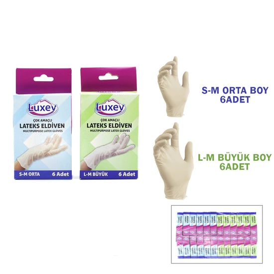 Luxev ( 6pcs ) ( S-m & M-l Beden ) Latex Muayene Eldiveni ( Lateks )