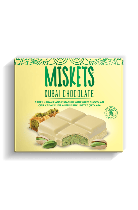 Miskets Dubai Çikolatası Beyaz Antep Fıstıklı Çıtır Kadayıflı Dolgulu Sütlü Tablet Çikolata 100 gr