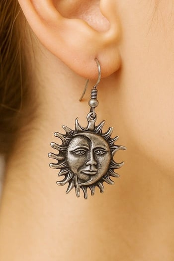 Güneş Ay Şekilli Kadın Küpe Çift Adet Gümüş Kaplama El Yapımı Küpe