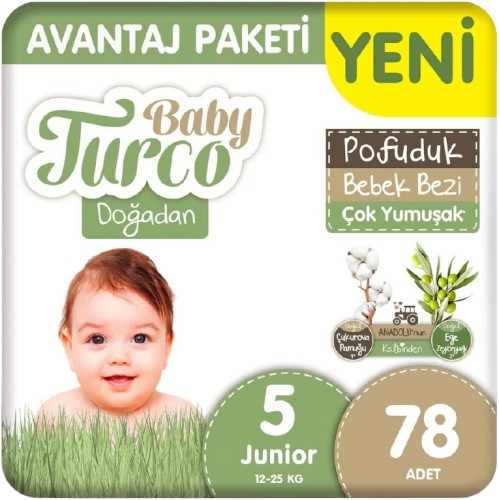 Baby Turco Doğadan Pofuduk 5 Numara Junior 78 Adet Bebek Bezi 12-25 Kg