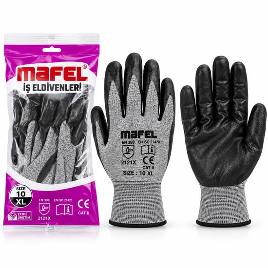 İnura Global Zebra No 10 Xl Nitril İşçi Eldiven Poşetli Ambalaj Kesilme Direnç Gri Siyah Mf-040