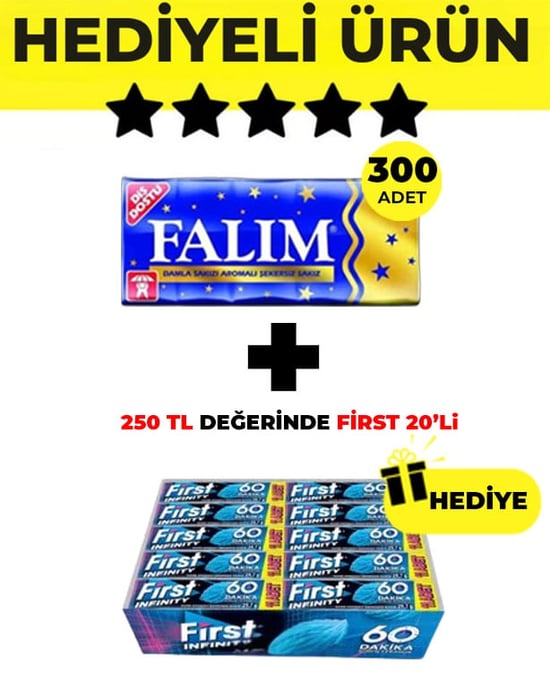 Falım Damla Sakız Aromalı (5'li 7gr x 300 Adet) + First Infinity 11S Stick Nane Aromalı Sakız (29,7 G x 20 Adet) Bedelsiz - Avantajlı Falım First Paketi