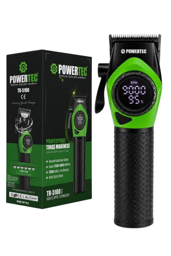 Powertec Tr-5100 Göstergeli Ayarlanabilir 9000 Rpm Hız Kaydırmaz Gövdeli Tıraş Makinesi Yeşil