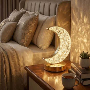 Buffer® Hilal Ay Model Kristal Led Masa Lambası – Dokunmatik, 3 Renk İşık Modlu, Şarjlı Mini Dekorat
