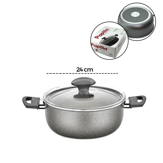 Papilla Fred ( Casserole ) ( 24 Cm ) ( Derin ) ( Granit Tencere ) ( Cam Kapak ) ( Gri Kırçıllı ) ( Brkt-705663 )