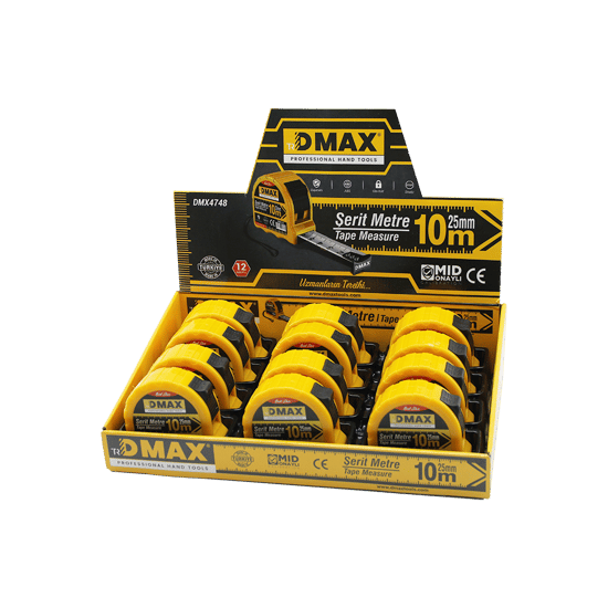Dmax Dmx-4748 ( 10mt X 25mm ) Çelik Şerit Metre ( Stoplu ) ( Otomatik Kilit = Bas Durdur & Çek Sarsın )