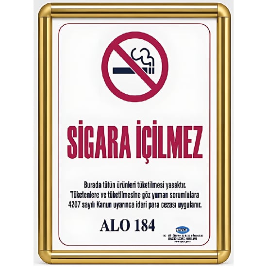 Sigara İçilmez Levhası A3 (30x42cm) Alüminyum Çerçeveli (gold)