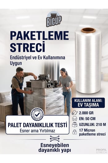 Bicup 210 Metre Büyük Boy Palet ve Koli Streci Eşya Mobilya ve Kargo Sarma Koruma Ambalajı Taşıma Taşınma için Streç Film 2.000 Gr