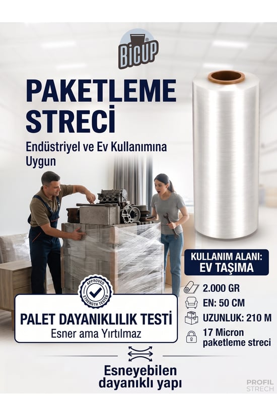 Bicup 210 Metre Büyük Boy Palet ve Koli Streci Eşya Mobilya ve Kargo Sarma Koruma Ambalajı Taşıma Taşınma için Streç Film 2.000 Gr