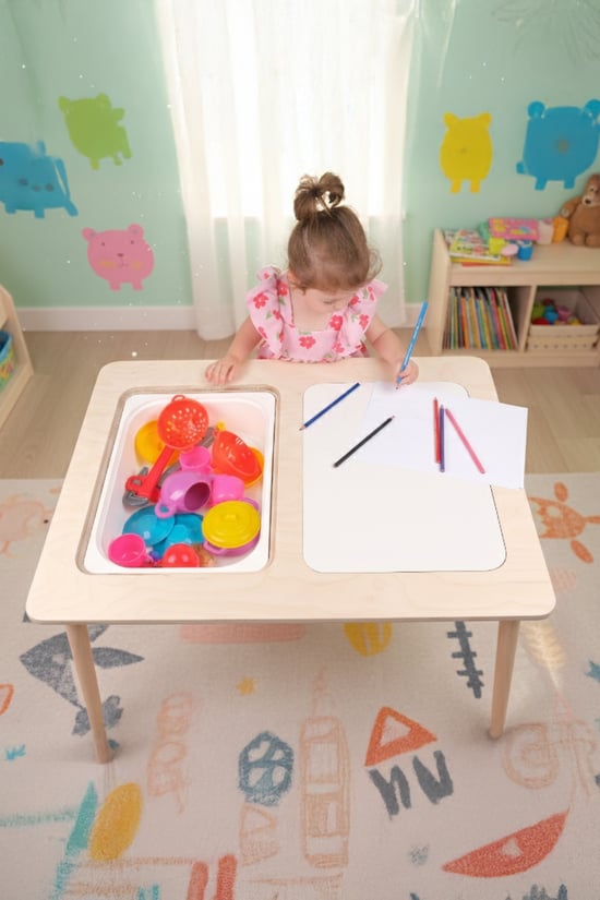Montessori Çocuk Ahşap Oyun Etkinlik Çalışma Masası, 2 Saklama Alanlı