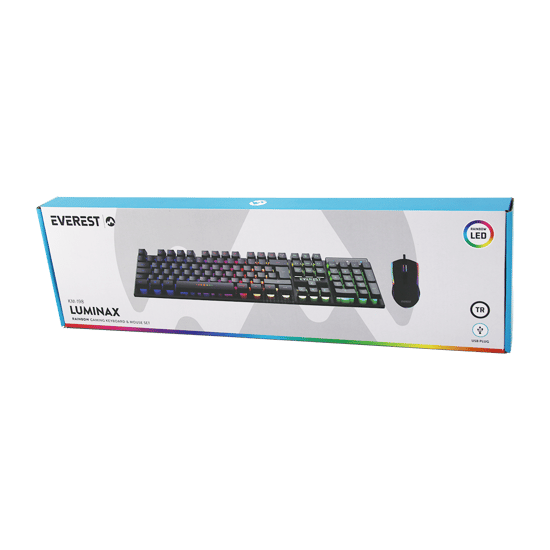 Everest Lunimax Km-198 ( Siyah Gökkuşağı Işıklı ) ( Usb Kablolu ) Oyuncu Klavye & Mouse Set