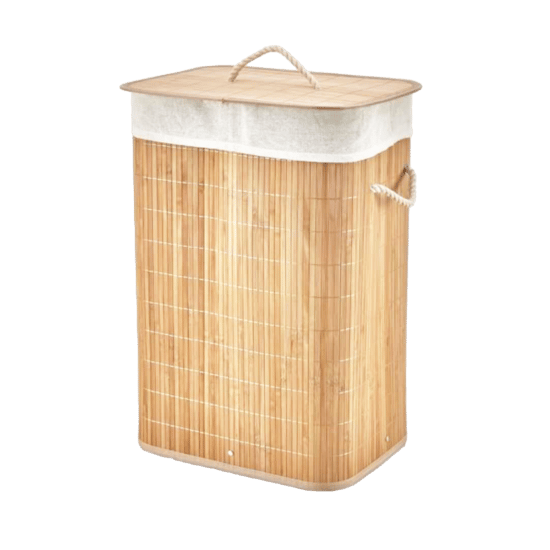 İ21-076 ( Dikdörtgen ) ( 40x30cm & Y:60cm ) ( Bambu Ahşap ) Kirli Çamaşır Sepeti ( Seyyar Kapaklı ) ( Kumaş Çantalı ) ( İp Kulplu )