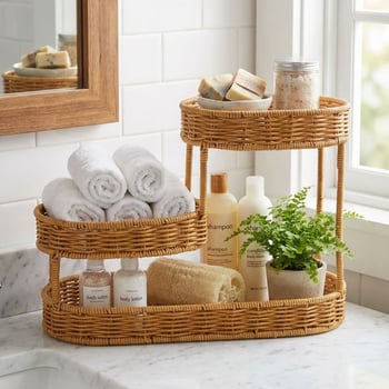 BUFFER® 3 Katlı Oval Rattan Organizer Sepet – Plastik Hasır Görünümlü Çok Amaçlı Düzenleyici