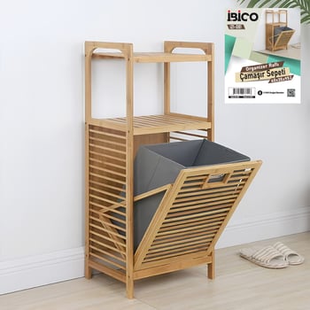 İ21-081 ( 2 Kat Organizer Raflı ) ( Önden Çek Aç ) ( Kalın Ahşap Bambu ) Kirli Çamaşır Sepeti ( 40x35x95cm )