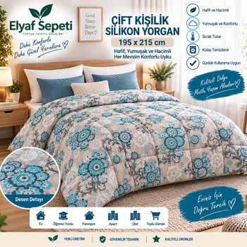 Elyaf Sepeti 5’li Toptan Çift Kişilik Silikon Yorgan 195x215 Cm – Mavi Çiçekli