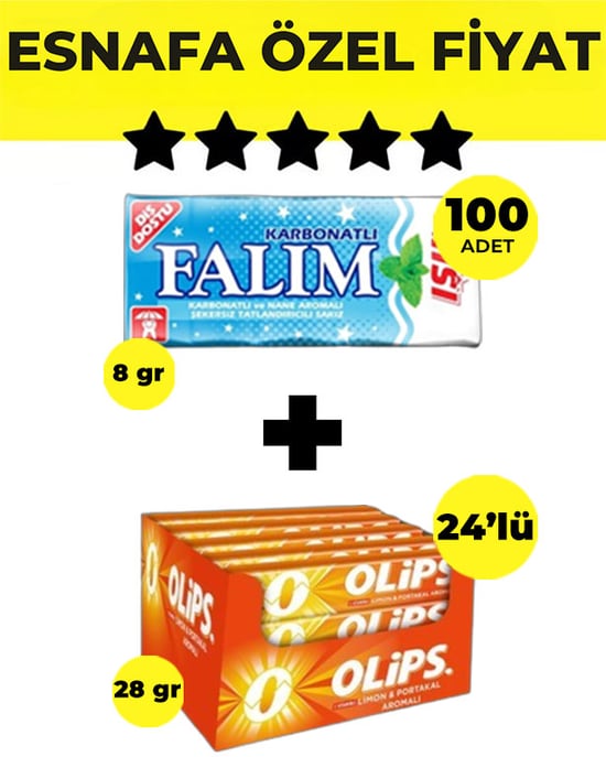 Falım (5'li 8 Gr X 100 Adet) - Olips (28gr X 24) Avantajlı Karbonatlı Sakız ve Limon&portakallı Şekerleme Paketi