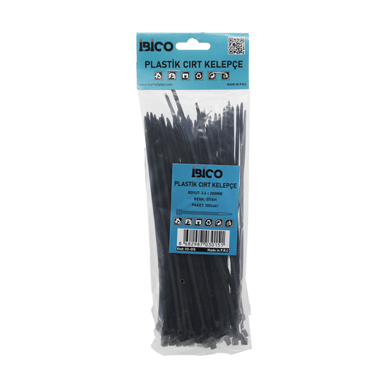 İ13-015 ( Siyah ) ( 3.6x200mm ) ( Plastik ) Cırt Kelepçe ( Kablo Bağı ) ( 100pcs )