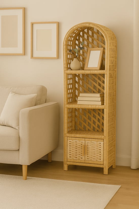 Dekoratif Hasır Kapaklı 4 Raflı Çok Amaçlı Kitaplık