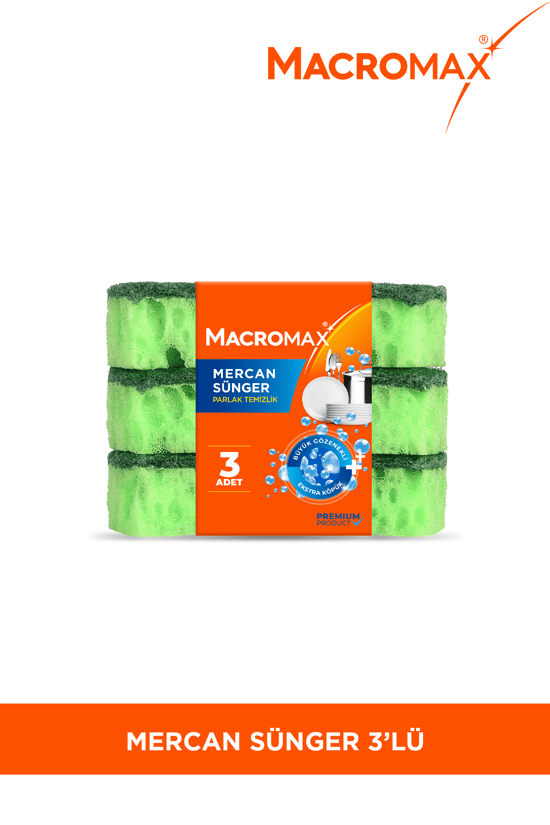 Macromax Mercan Bulaşık Süngeri 3'lü Paket Büyük Gözenekli Bol Köpük Sağlayan Ergonomik Sünger
